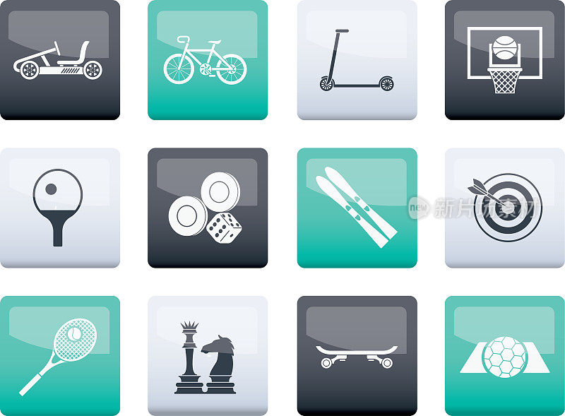 Sports equipment and objects icons over color background